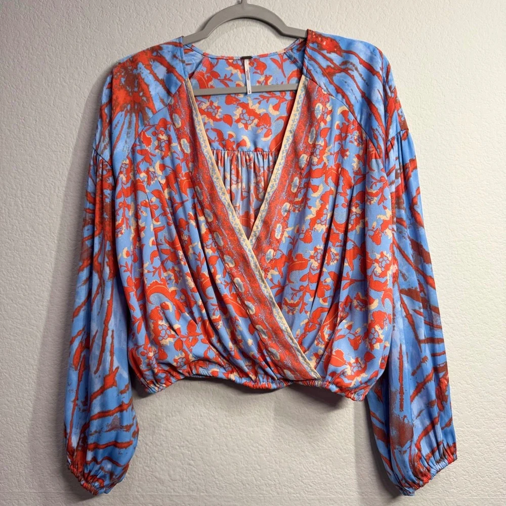 Free People Long Sleeve Printed Top V-Neck Blue Orange Small Boho Lightweight